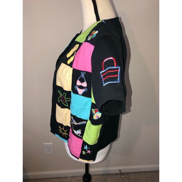 Michael Simon Size M Shirt Embroidered Patchwork Color Block Summer Beach Black - Picture 5 of 7